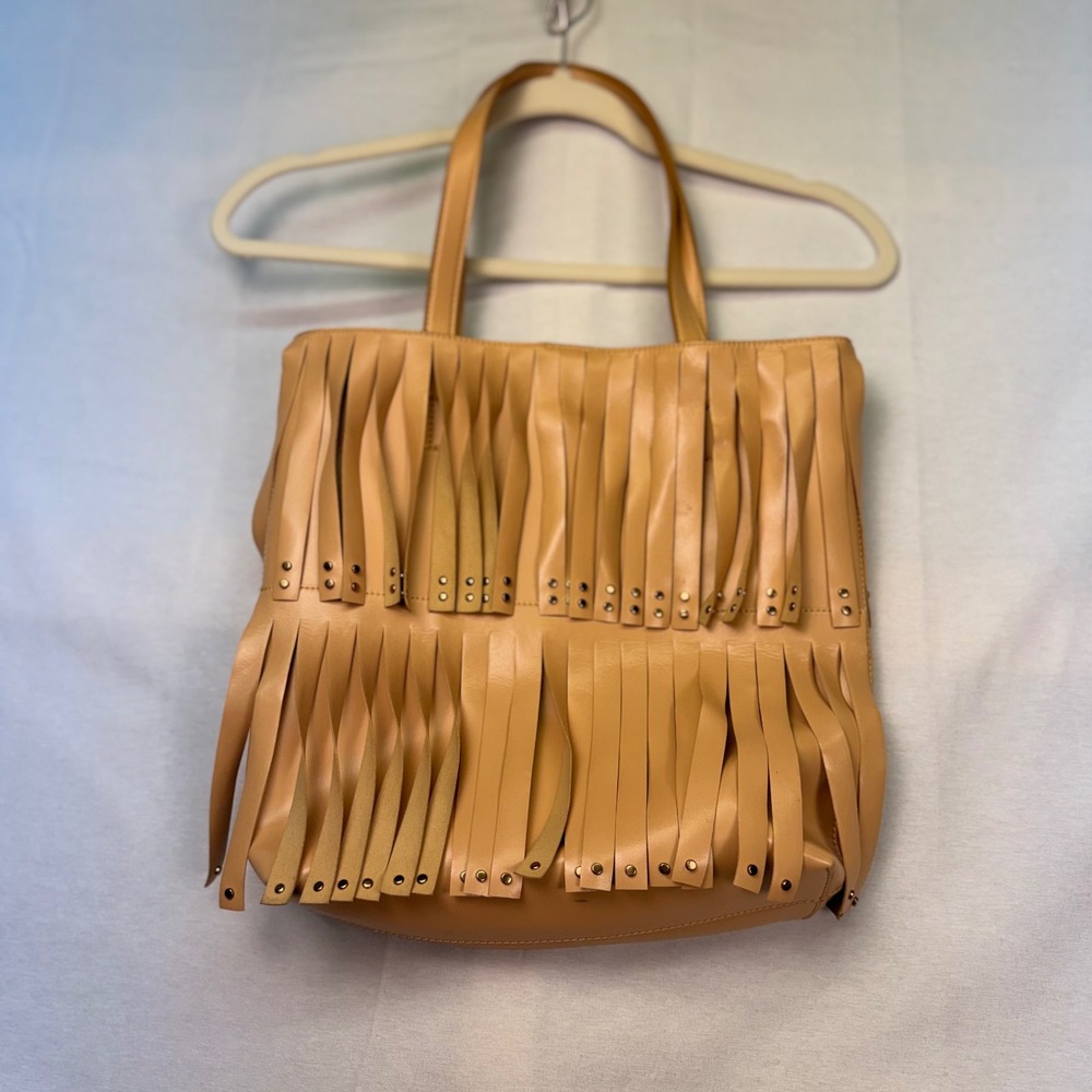 Charles & Keith Tan Fringed Tote Bag Studded Boho Shoulder Bag 12x12x3